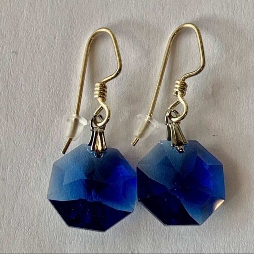 Sterling silver ear wires blue faceted glass large round beads